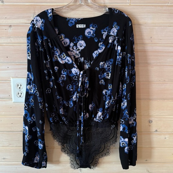 Intimately By Free People Tops - Free People Intimately Black Blue Floral Lace Bodysuit XS | Wide Sleeve Boho